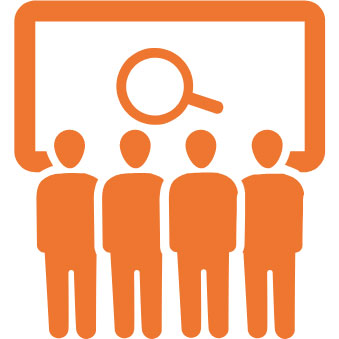 orange people under computer with magnifying glass