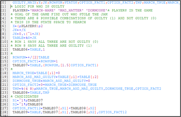 Logic for who is guilty using few lines of code in APL Logic for who is guilty using few lines of code in APL