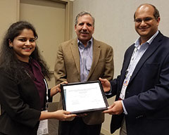 Kahkashan Afrin, 2018 Analytics Society President Jack Levis and Shrikant Jarugumilli of Bayer (l-r).