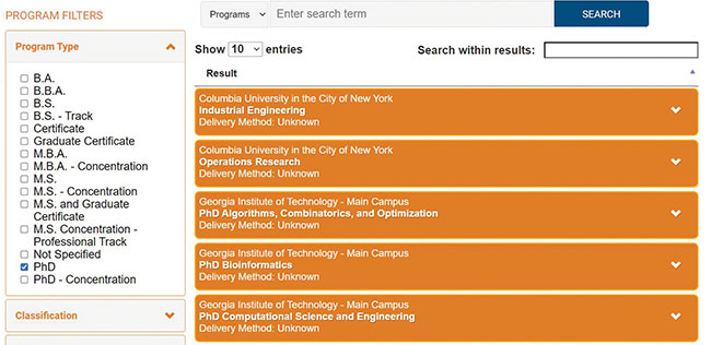 key information on doctoral programs in database
