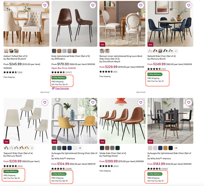 example search process on Wayfair's website