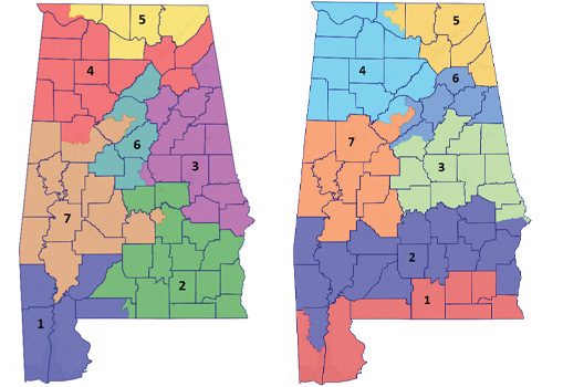 maps of Alabama showing the state's enacted plan and Duchin's Plan D 