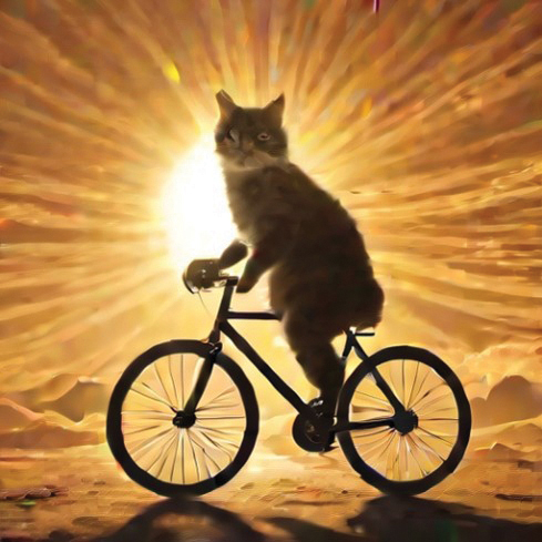 GenAI response to a cat riding a bicycle
