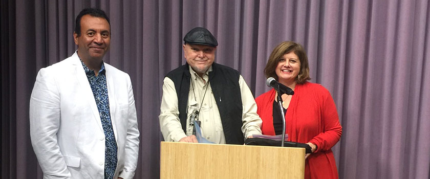 Ron Howard with Ali Abbas and Jeannie Kahwajy during his retirement celebration at Stanford University.
